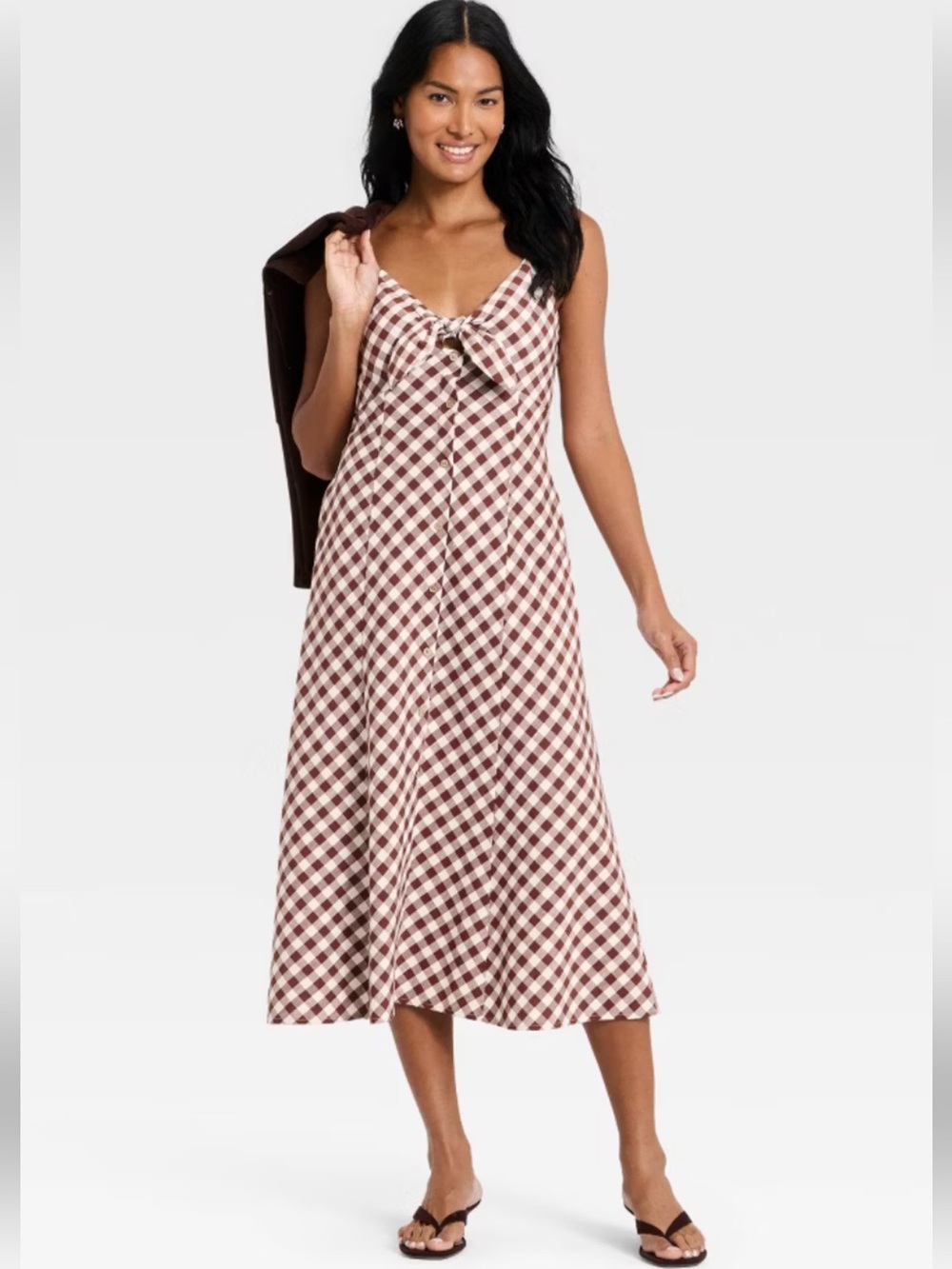 A New Day Gingham Bow Front A-Line Midi Dress Brown Checkered Cottagecore S NWT